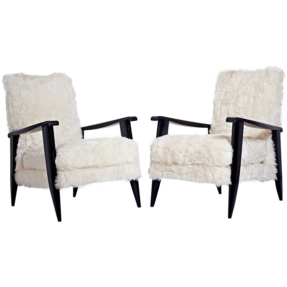 Sculptural Pair of French 1950s Ebonized Armchairs