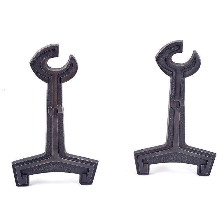 Mid-Century Modern Pair of French 1950s Modernist Cast Iron Andirons For Sale