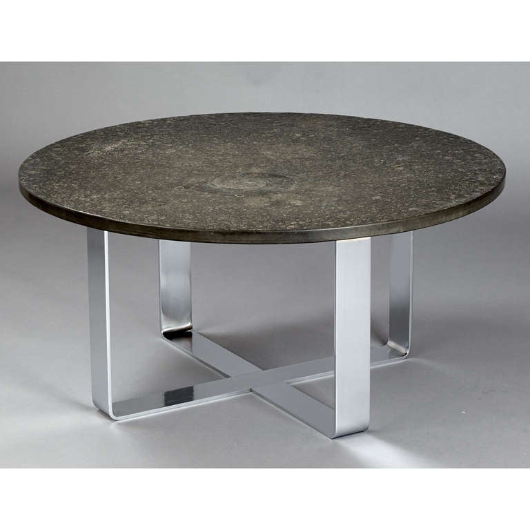 Mid-Century Modern 1970s Fossil Embossed Table on Chromed Steel Base For Sale