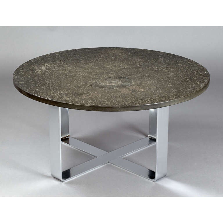 French 1970s Fossil Embossed Table on Chromed Steel Base For Sale