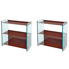 Pair of Large Glass Side Tables with Tapered Shelves, France 1970s 6