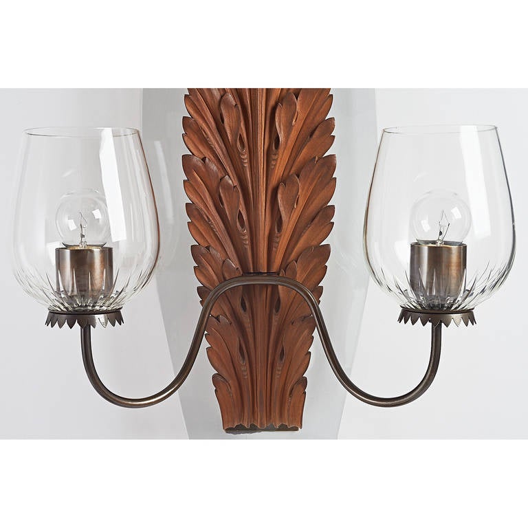 Mid-20th Century Set of Six Exquisite Italian Sconces by Franco Buzzi with Carved Wood Leaves