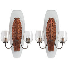 Set of Six Exquisite Italian Sconces by Franco Buzzi with Carved Wood Leaves