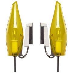 Pair of Narrow Yellow Blown Glass Italian Sconces 1970s