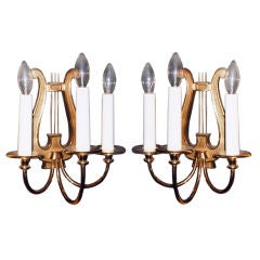 Pair of Three Branch Lyre Sconces, France, 1950s 6