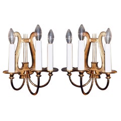 Vintage Pair of Three Branch Lyre Sconces, France, 1950s