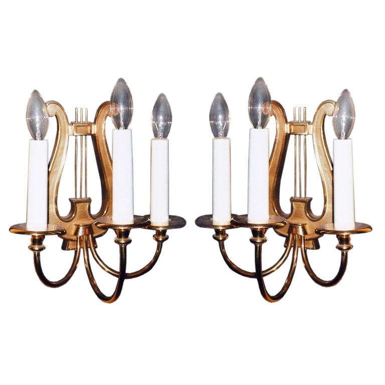Pair of Three Branch Lyre Sconces, France, 1950s For Sale