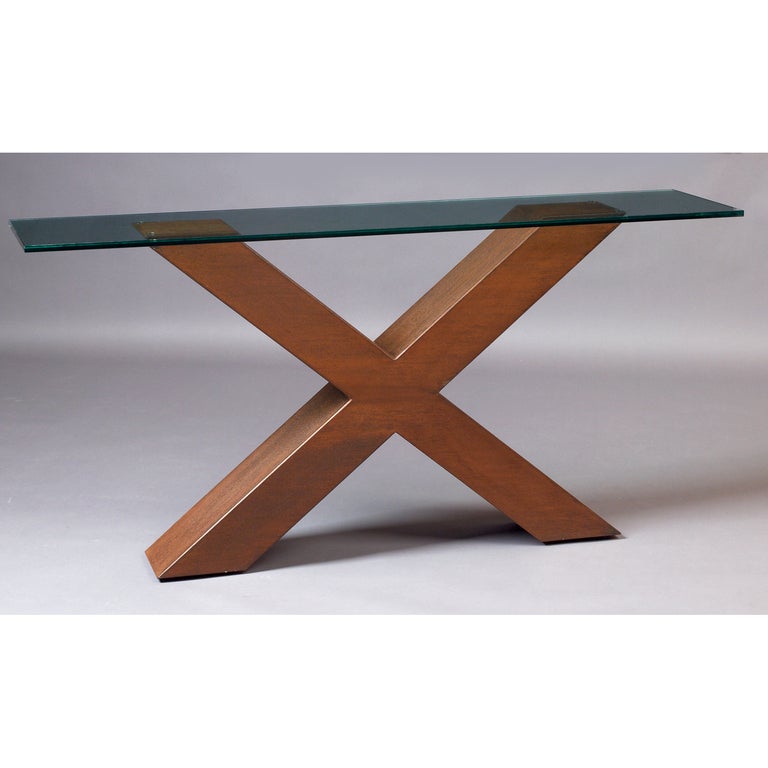 France, 1970s.
Slim Modernist console table in corten steel, clear glass top.
As shown: 63 X 16 X 30.5 H.
   