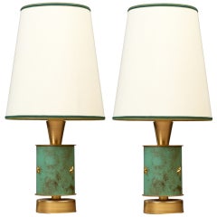 Pair of 1950s French Brass Table Lamps with Verdigris Decor 5