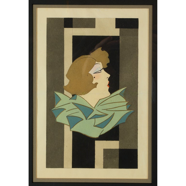 Frankreich, 1920er Jahre
Art Deco Gouache auf Papier
Stilisiertes Porträt einer Frau im Profil auf geometrischem Hintergrund in Grau-, Schwarz- und Cremetönen.
20 x 16 gerahmt.