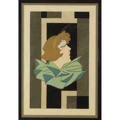 Stylized Art Deco Gouache of a Woman, France, 1920s