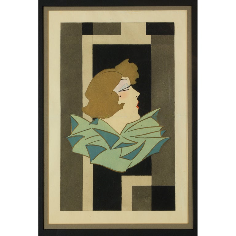 Art déco Gouache Art Déco stylisée d'une femme, France, années 1920 en vente