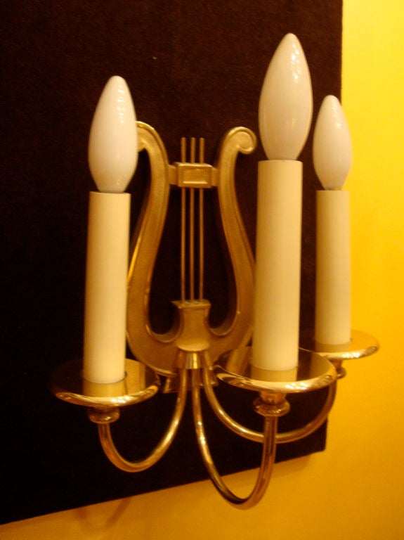 Mid-Century Modern Pair of Three Branch Lyre Sconces, France, 1950s For Sale