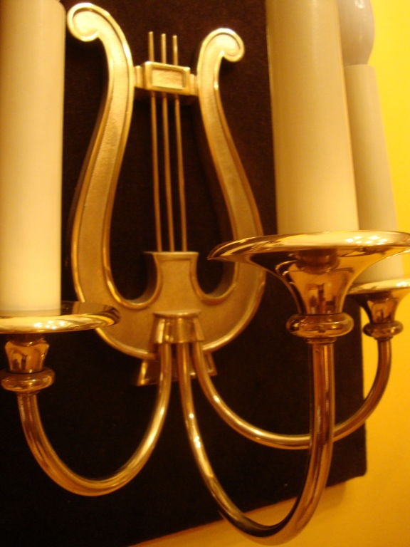 Mid-20th Century Pair of Three Branch Lyre Sconces, France, 1950s For Sale