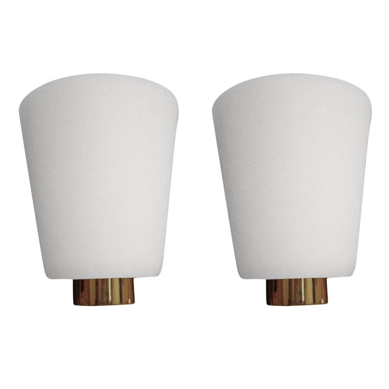 Rare Pair of Perzel, 1950s White Glass Sconces For Sale