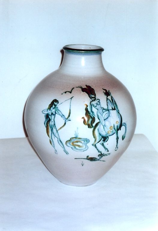 Mid-Century Modern Fine Glazed Earthenware Vase with Amazons Astride Prancing Horses, circa 1950 For Sale