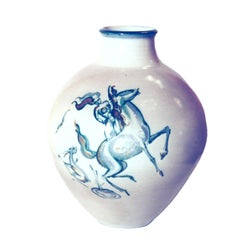 Fine Glazed Earthenware Vase with Amazons Astride Prancing Horses, circa 1950
