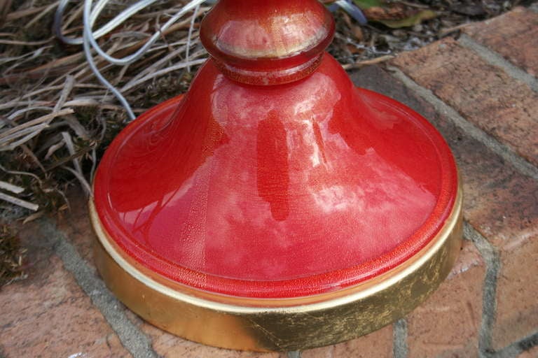 Italian A 1950's Red and Gold Leaf Murano Table Lamp For Sale