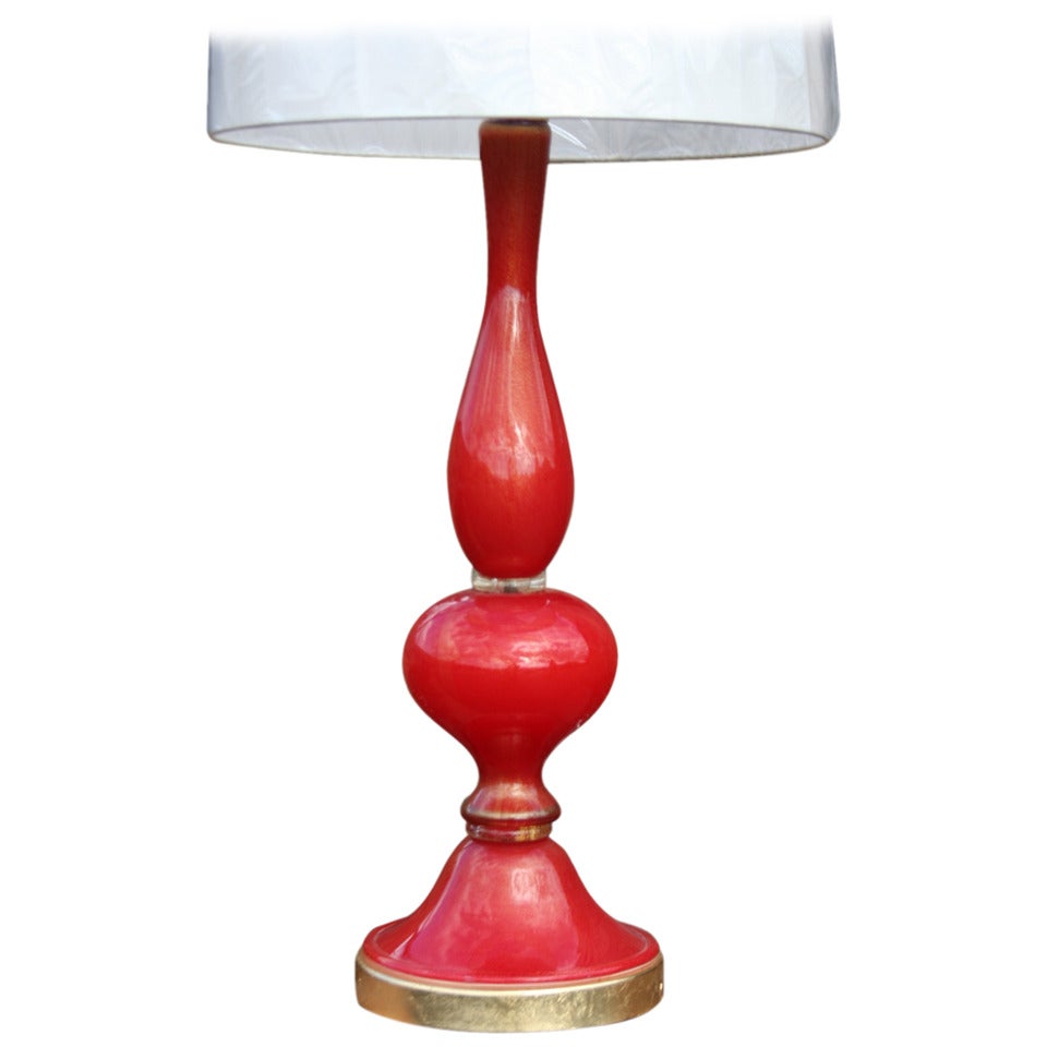 A 1950's Red and Gold Leaf Murano Table Lamp For Sale