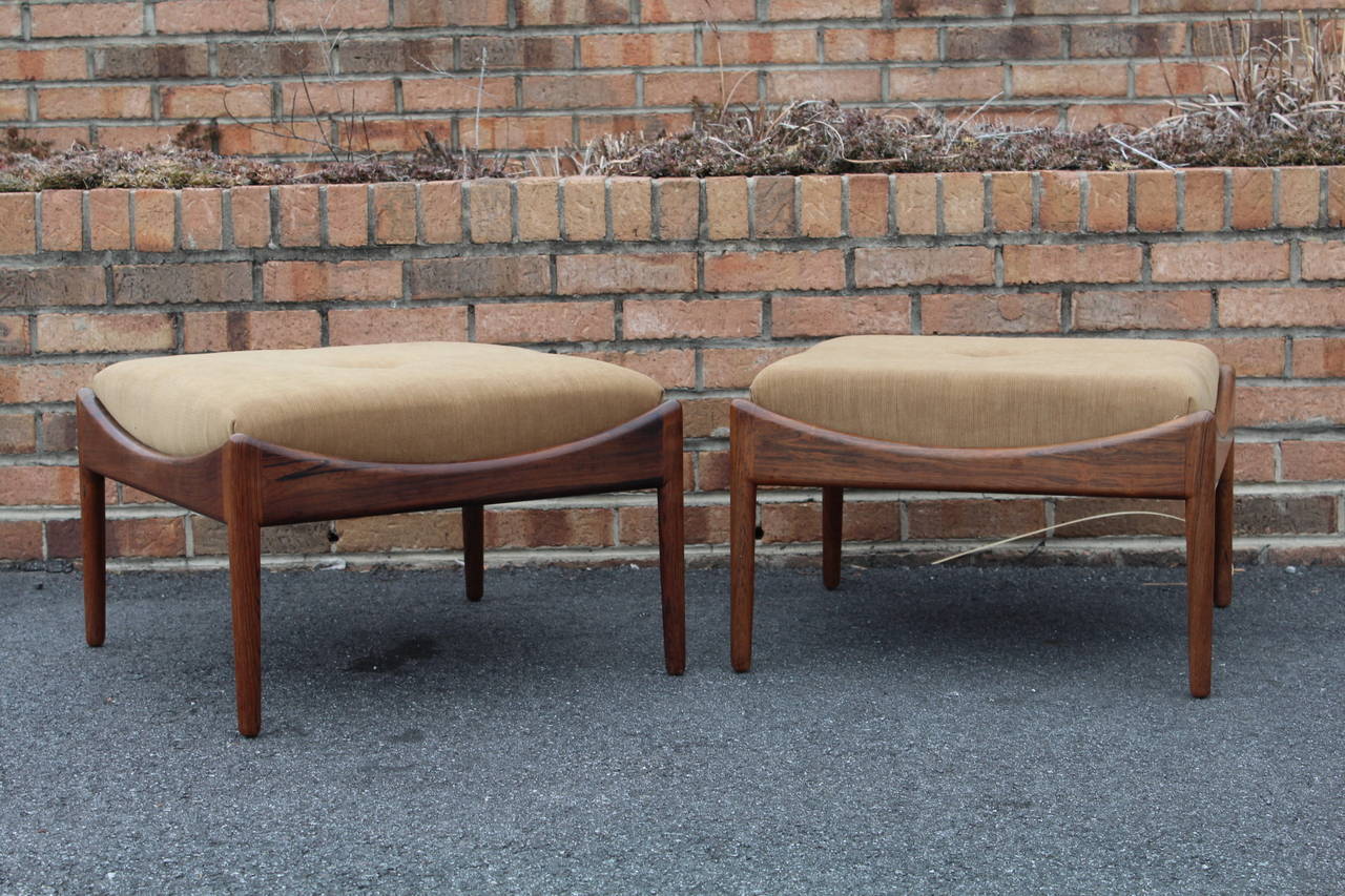 Pair of upholstered rosewood footstools or ottomans designed by Kristian Vedel, 1960s, Denmark.