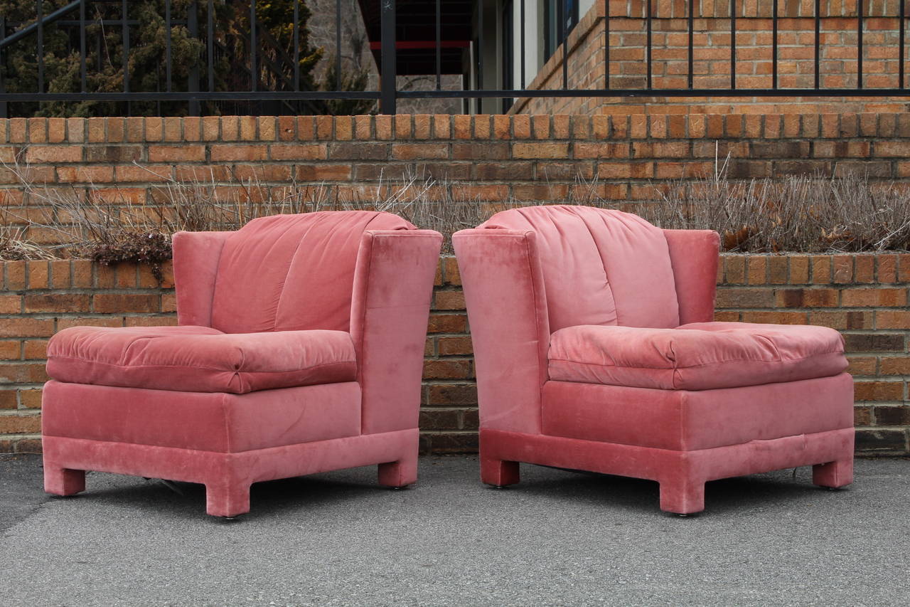 Rare pair of fully upholstered lounge or slipper chairs by Selig, circa 1979. Upholstered in their original crushed velvet. Incredibly comfortable with great lines.