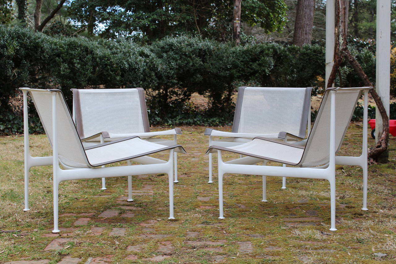 A rare set of four lounge chairs (indoor/outdoor) designed by Richard Schultz for Knoll, part of his Leisure collection. Streamlined design and durable. This line of furniture by Schultz works great for patios, as it was designed to be used outside.
