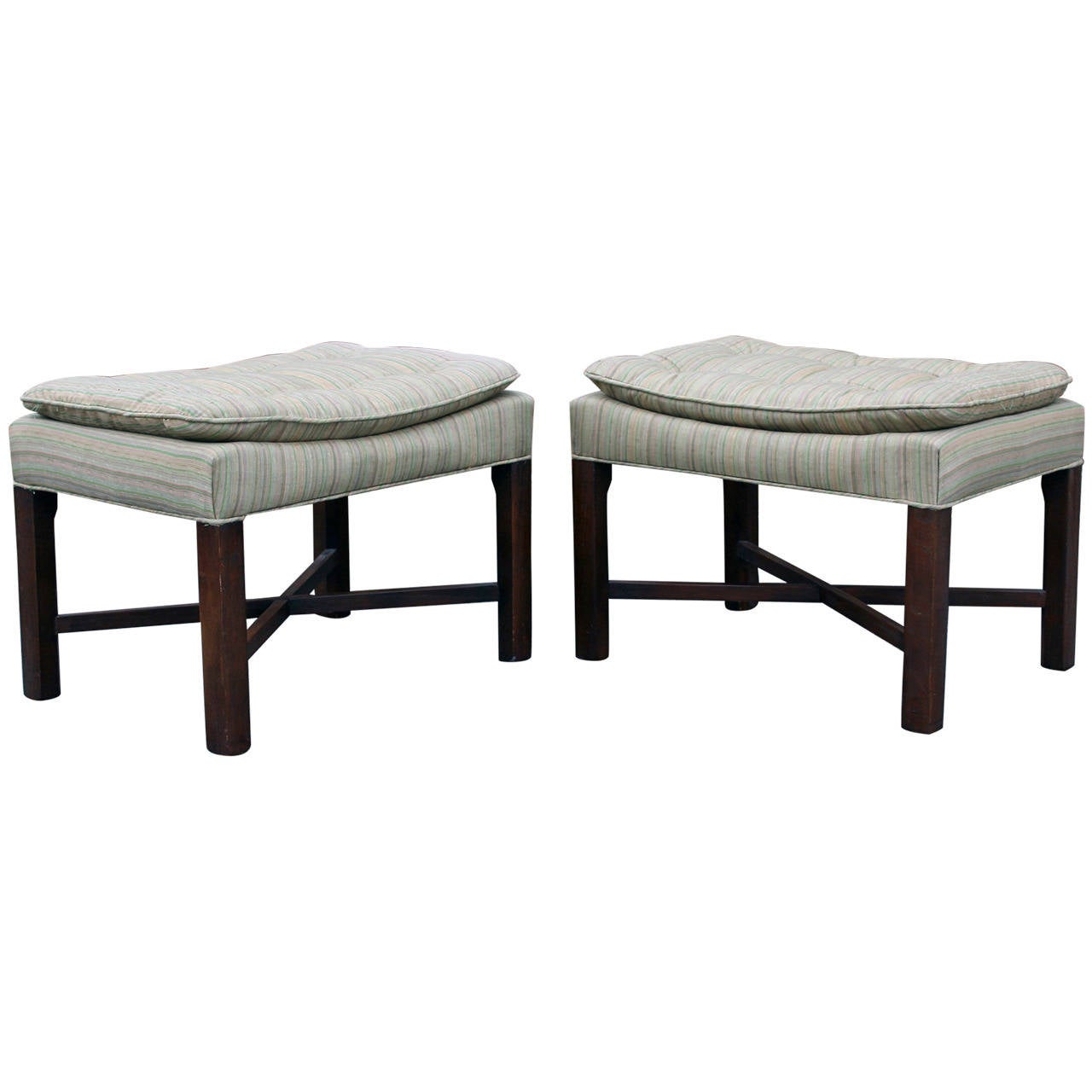 Pair of Upholstered Walnut Ottomans For Sale