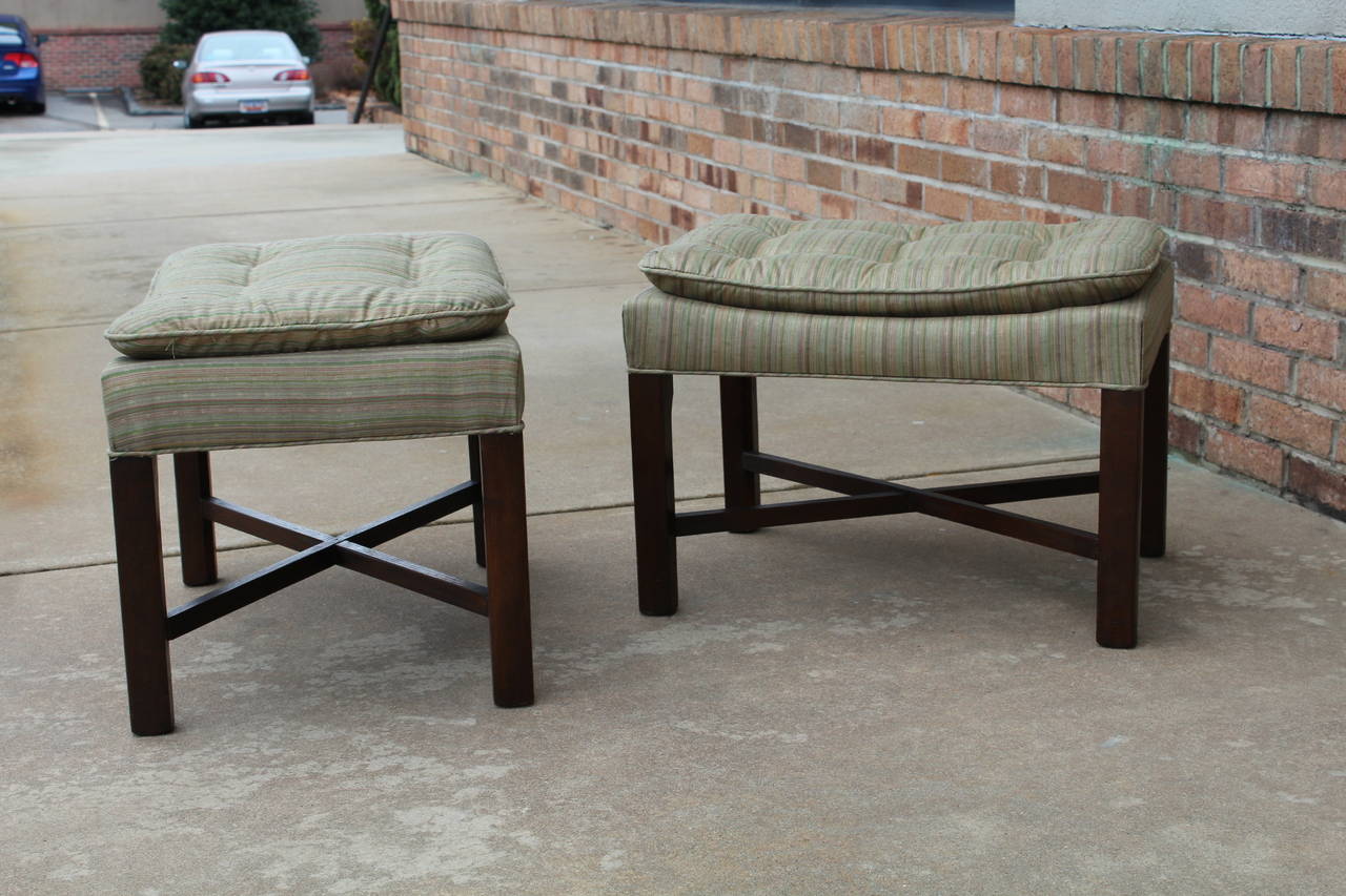 Mid-Century Modern Pair of Upholstered Walnut Ottomans For Sale