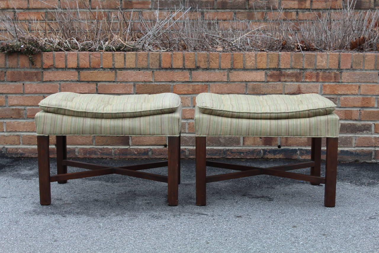 20th Century Pair of Upholstered Walnut Ottomans For Sale