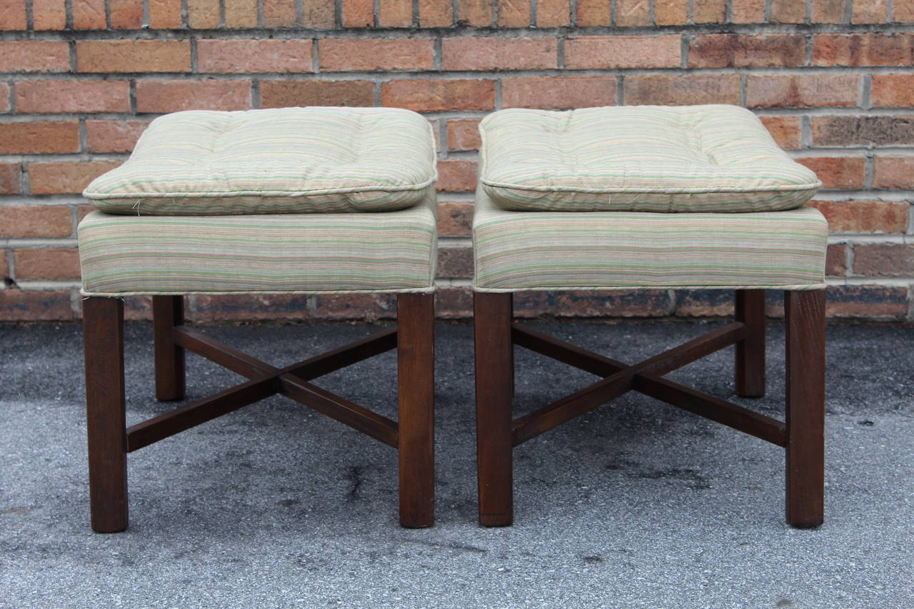 American Pair of Upholstered Walnut Ottomans For Sale