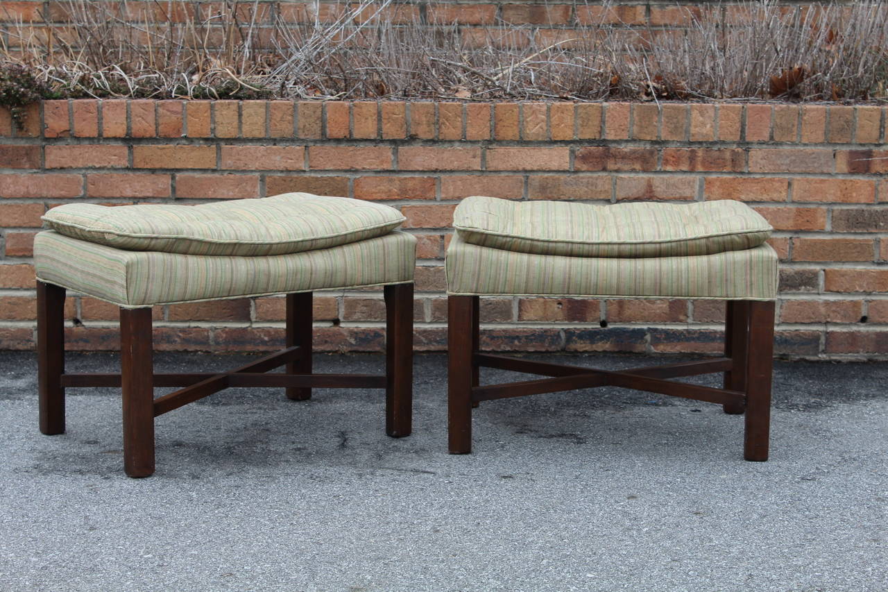 Pair of Upholstered Walnut Ottomans For Sale 1