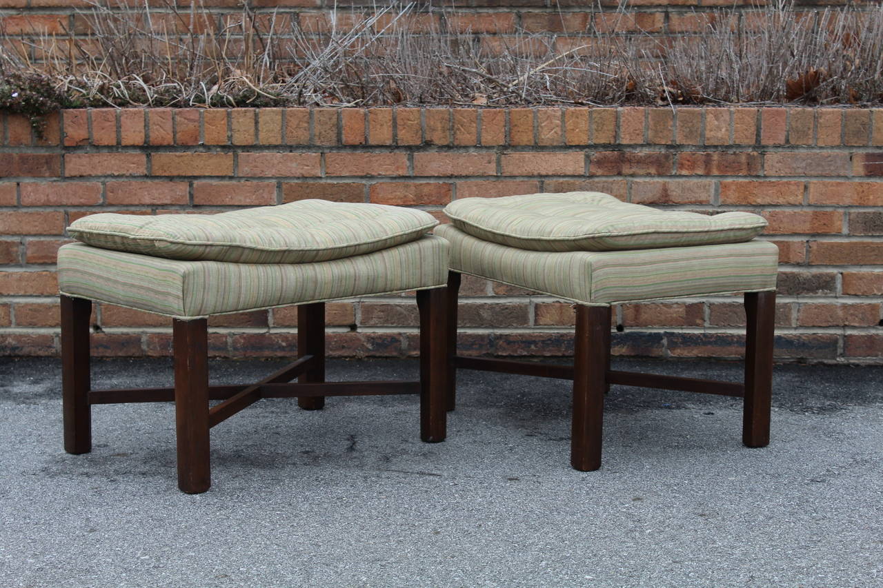 Pair of Upholstered Walnut Ottomans For Sale 2