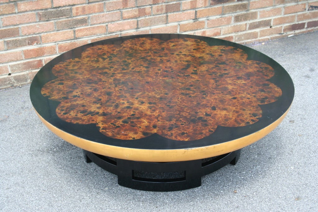 A beautifully bright and well designed cocktail/coffee table, produced by Kittinger. Table shows influences of similar Asian designs by James Mont - A truly stunning table that looks great and is functional.  Table has been restored with a hard