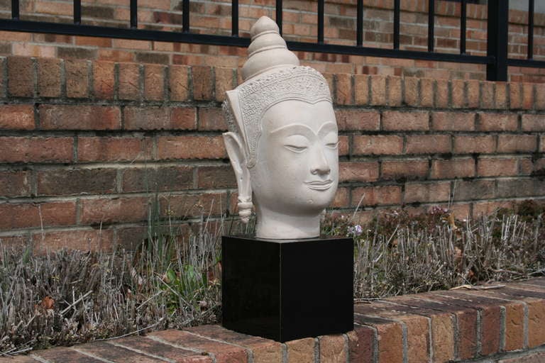 A quite rare Buddha sculpture by Austin Productions, 1980.  The detail and decoration throughout the face is quite impressive. A lovely interpretation of this style.  
Since their inception in 1952 in Brooklyn, Austin Productions has been known for