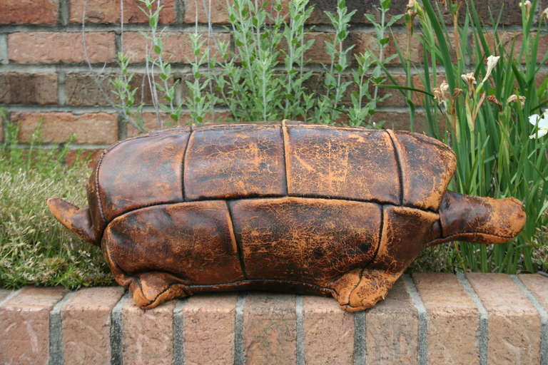English Vintage Leather Turtle Footstool by Dimitri Omersa for Abercrombie & Fitch