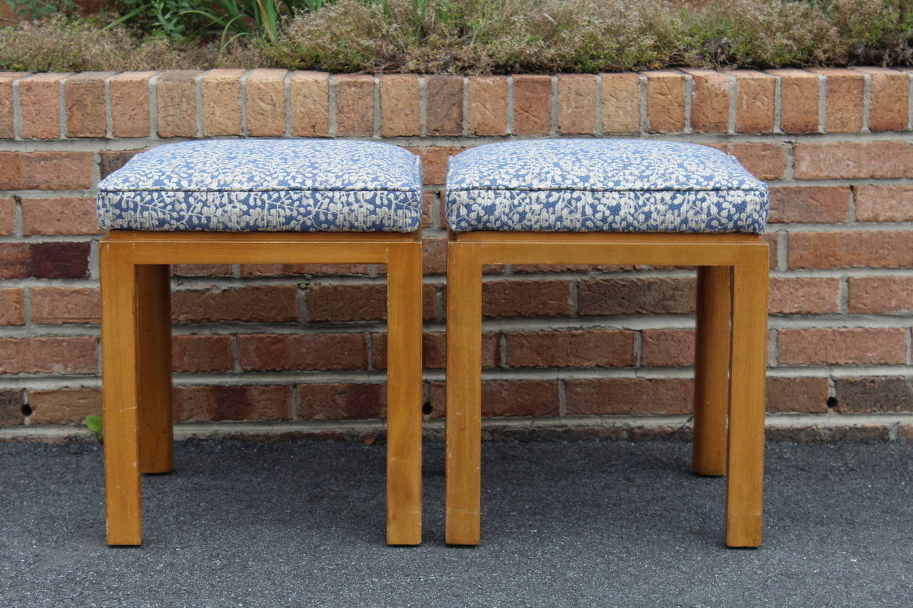 A well-constructed pair of mahogany stools/benches/ottomans designed by Harvey Probber, 1960s. Original finish, new upholstery.
