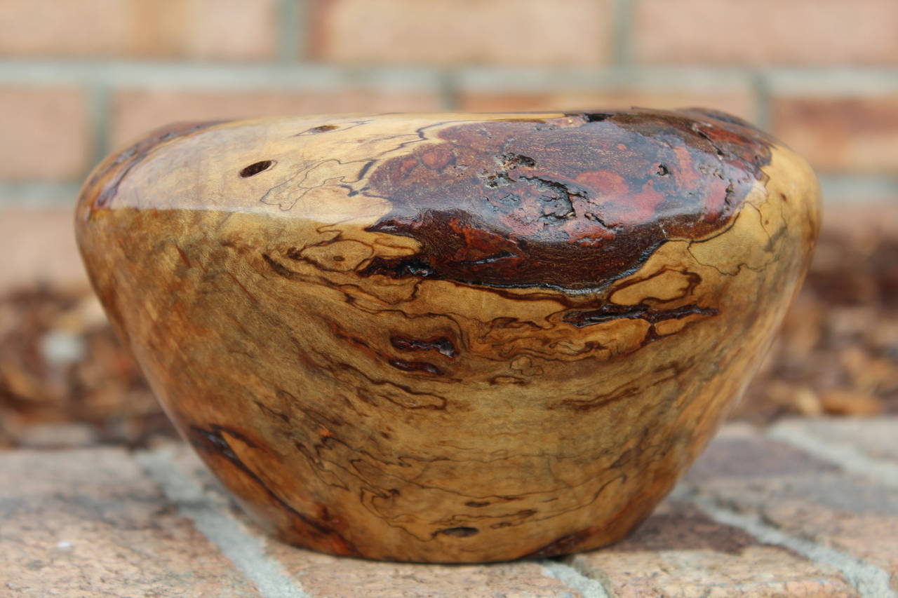 Beautiful and incredibly well finished leopard maple turned bowl/vessel signed 'PAL' 95.