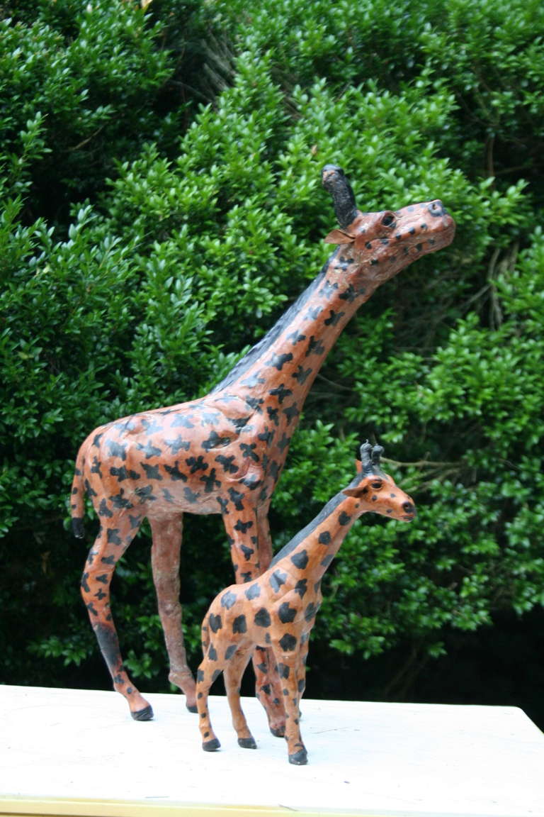 Mid-Century Modern Vintage Leather-Clad Giraffe Family