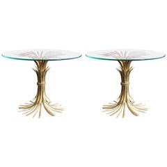 Pair of Sheaf of Wheat Brass and Glass Side Tables