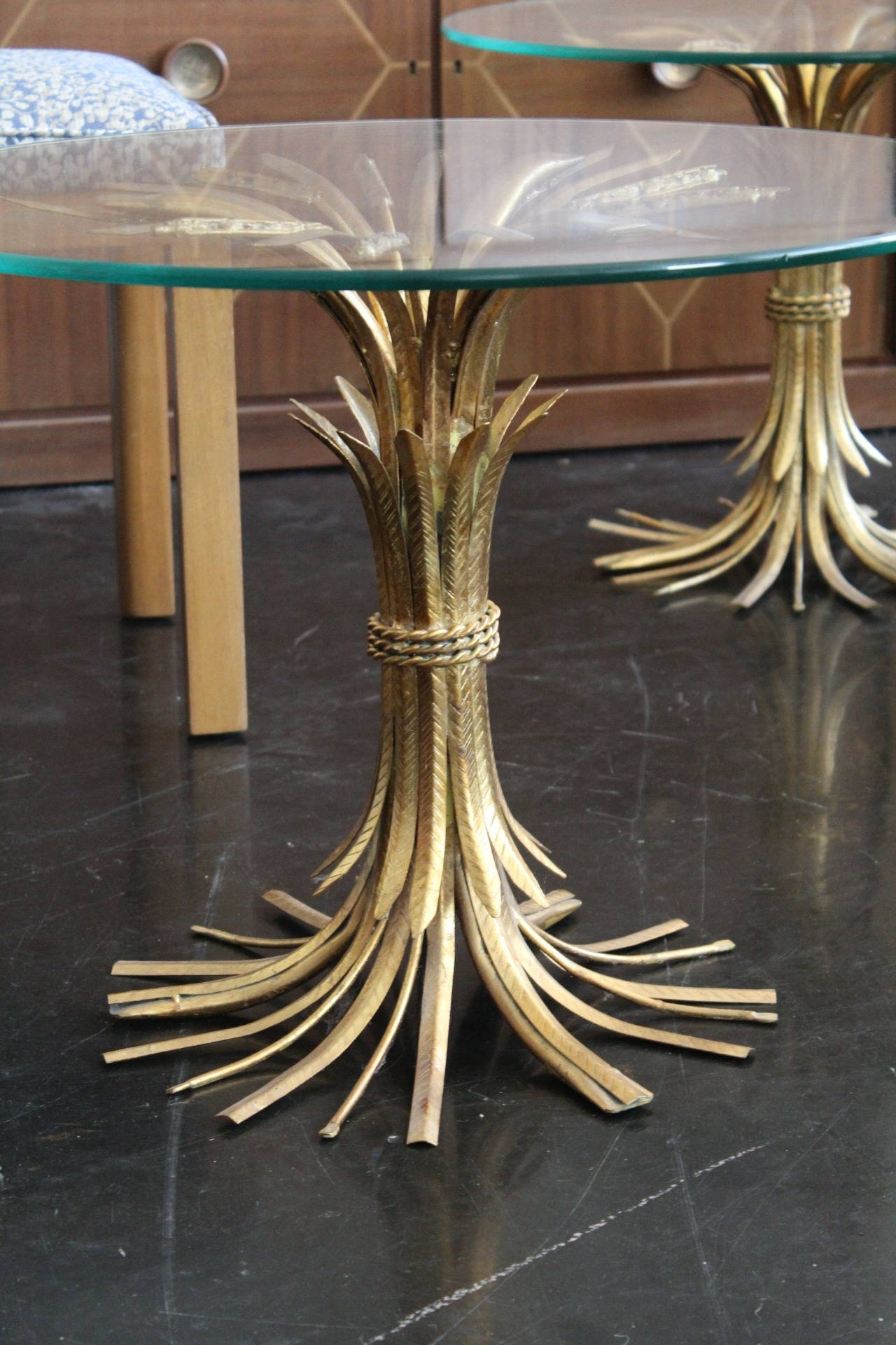 Pair of Sheaf of Wheat Brass and Glass Side Tables
