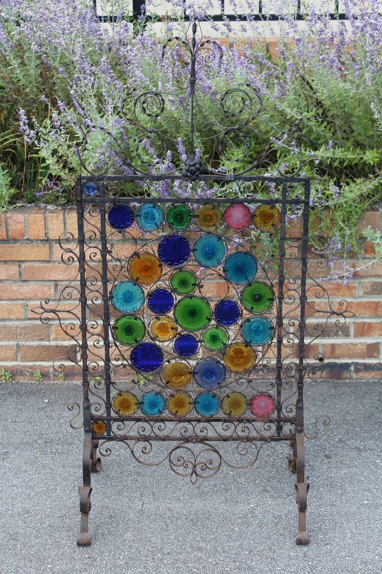 American Early 20th Century Glass and Iron Fireplace Screen For Sale