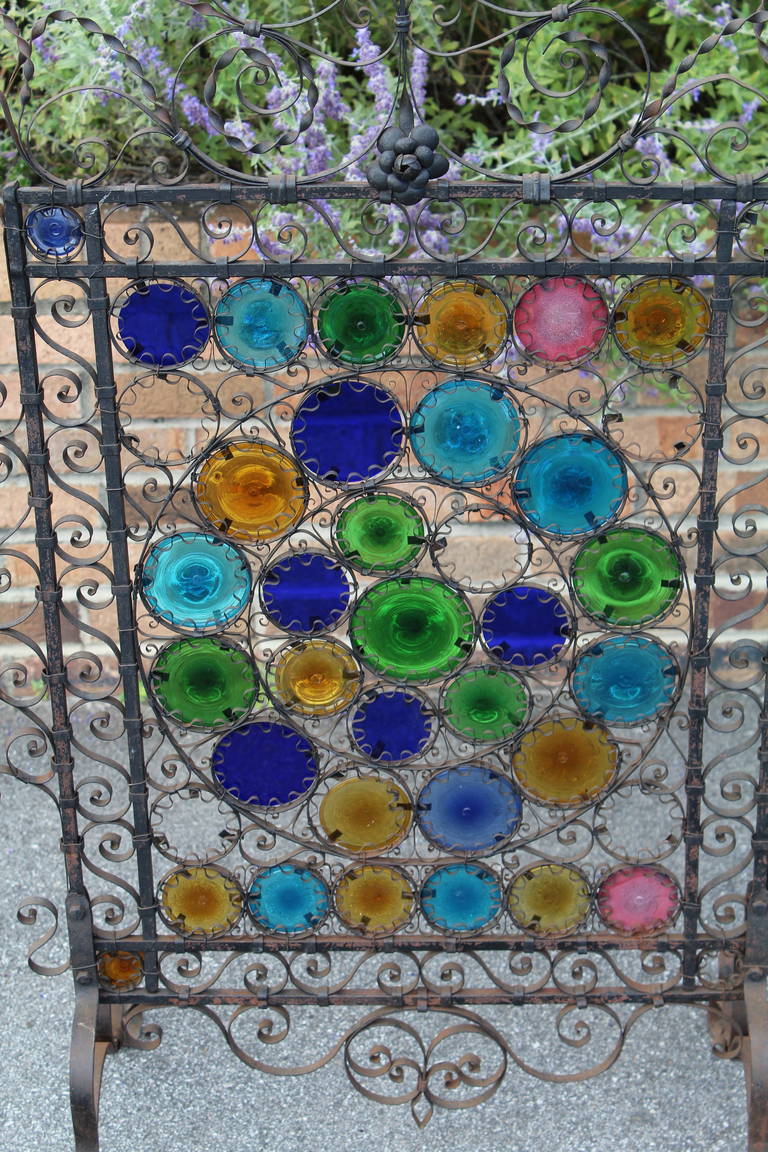 Early 20th Century Glass and Iron Fireplace Screen In Good Condition For Sale In Asheville, NC