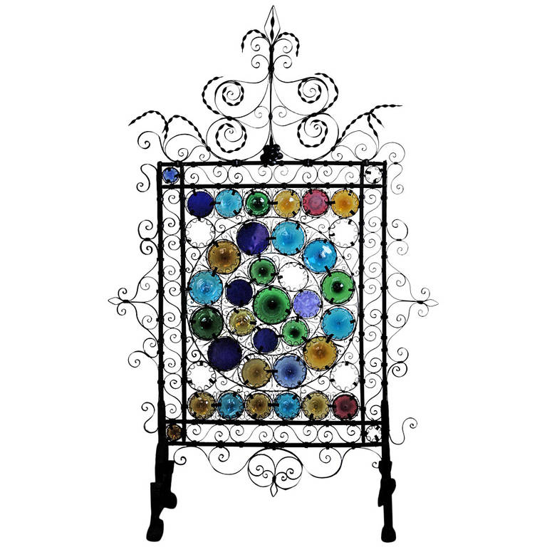 Early 20th Century Glass and Iron Fireplace Screen For Sale