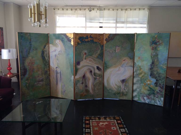 Five-Panel Oil on Canvas Folding Screen by Doris Dillon 4