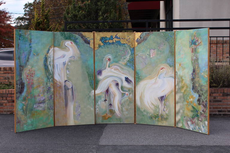 Five-Panel Oil on Canvas Folding Screen by Doris Dillon 3