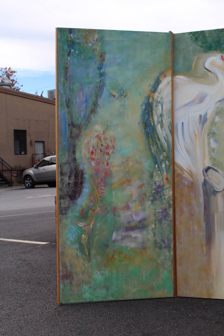 Five-Panel Oil on Canvas Folding Screen by Doris Dillon In Excellent Condition In Asheville, NC