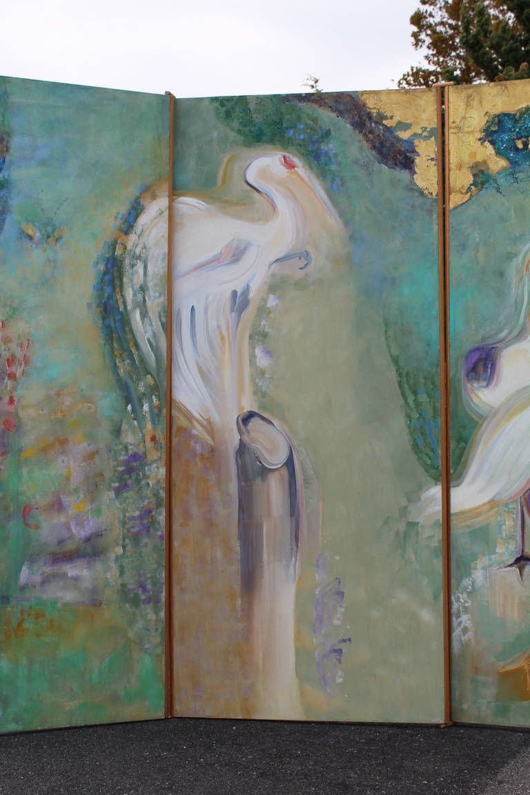 American Five-Panel Oil on Canvas Folding Screen by Doris Dillon