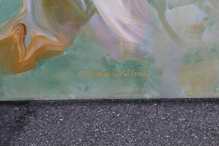 A large five panel oil on canvas folding screen by artist Doris Dillon, c 1980. This screen was used as a window display at Bonwit Teller in New York City in the 1980's (See photo).  Ms. Dillon is in the permanent collection of museums throughout