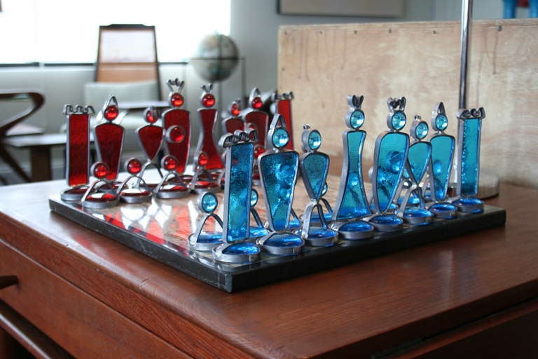 American A Studio Art Glass and Alabaster Chess Set