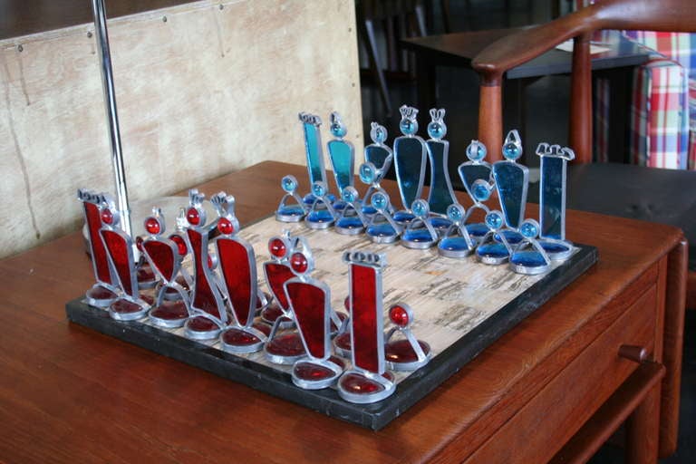 20th Century A Studio Art Glass and Alabaster Chess Set
